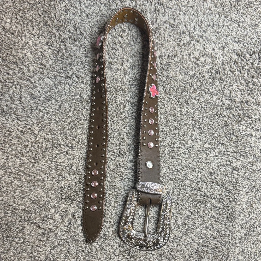 Toddler Girl Studded Brown Leather Belt with Silver Buckle